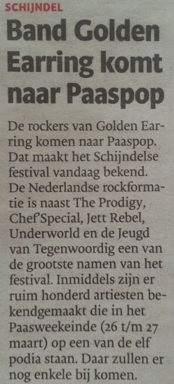 Newspaper article Brabants Dagblad Golden Earring naar Paaspop Schijndel